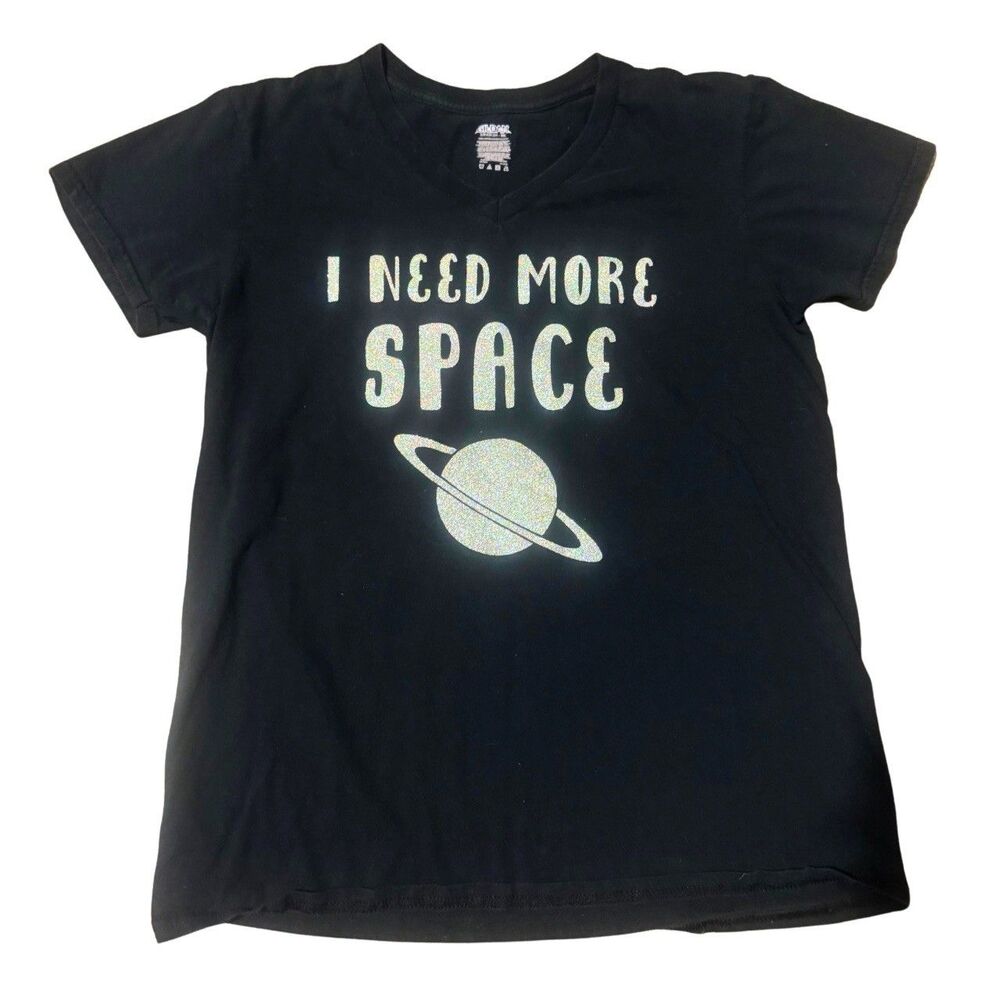 Black & Silver Glitter Alt Emo Goth Nerdy Saturn Space Graphic V-Neck T-Shirt S